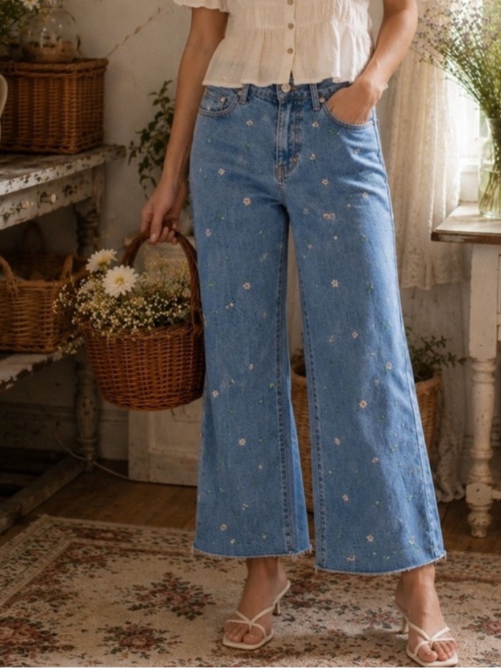 New OAT New York High Rise Wide Leg cropped jeans with embroidered flowers